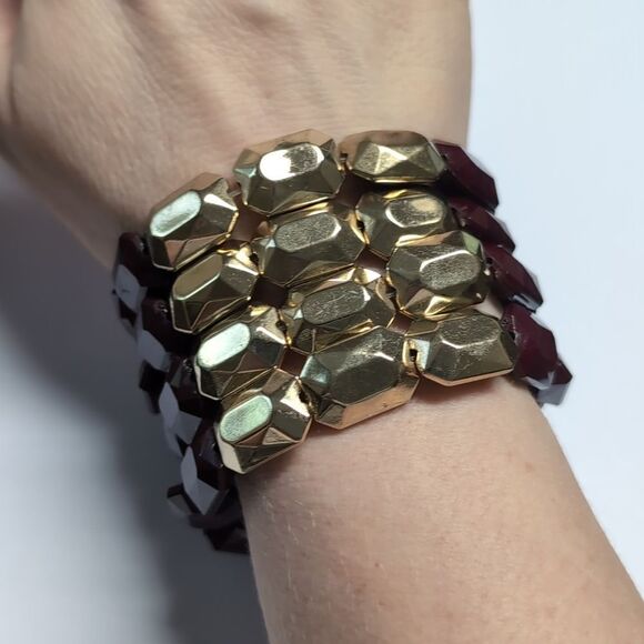 Set of‎ 4 Chunky Maroon and Gold Beaded Stretch Bracelets - Picture 1 of 5